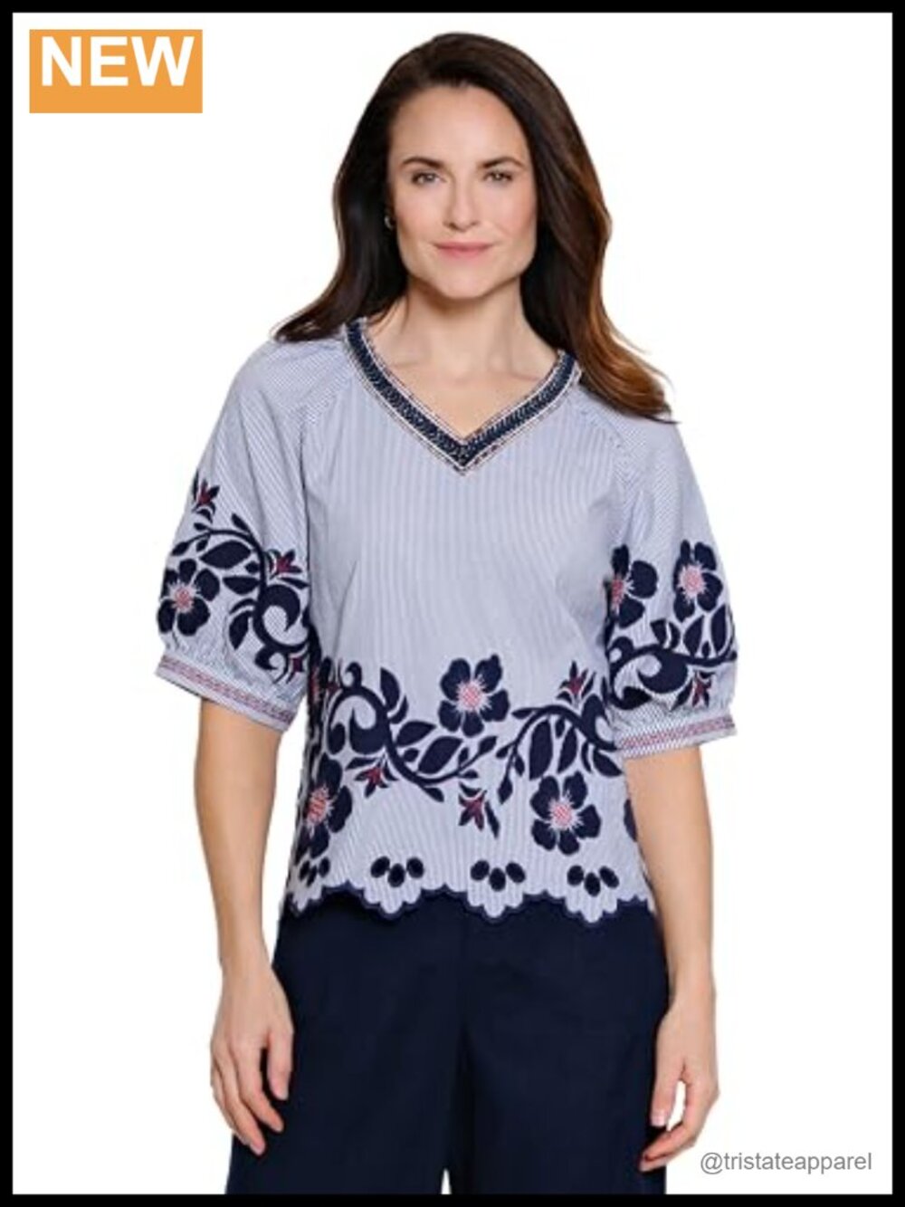 Floral Applique Striped Blouse Top with Scallop Edge Puff Sleeves